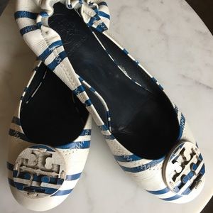 Tory Burch blue and white stripes Reva flats